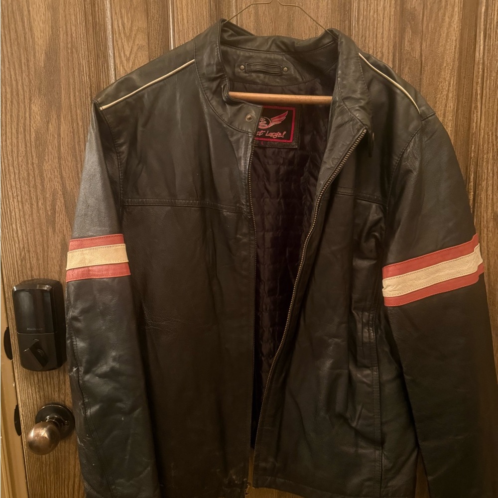 Vintage Genuine Leather Moto Jacket rust/cream Stripe Racer Style Biker Black